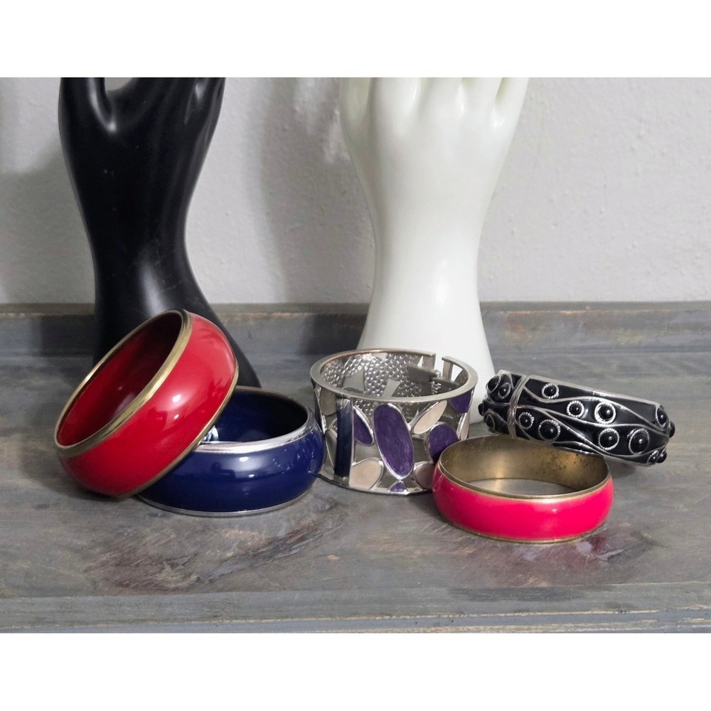Vintage Enamel Bangle Bracelet Lot 5pc Navy Red Pink Purple Black Cuff Stackable